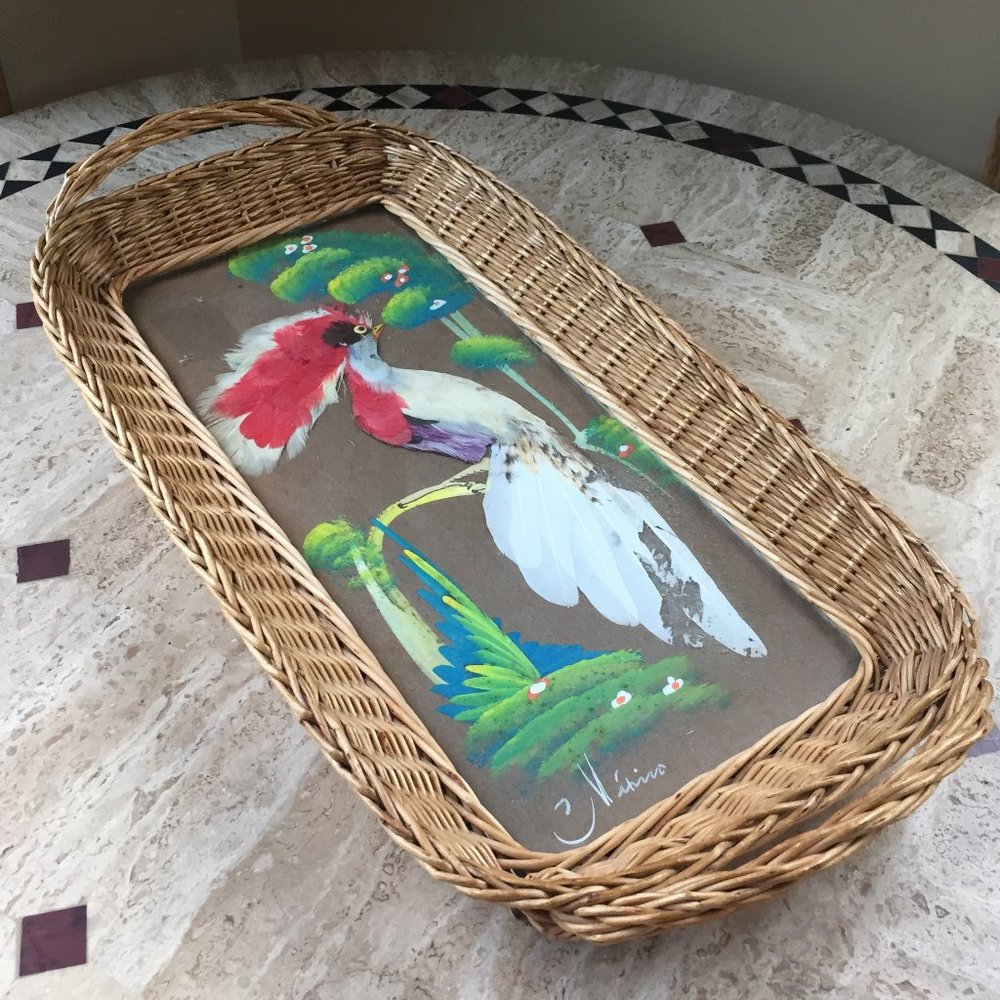 VTG Feather Bird Mexican Folk Art Basket Boho